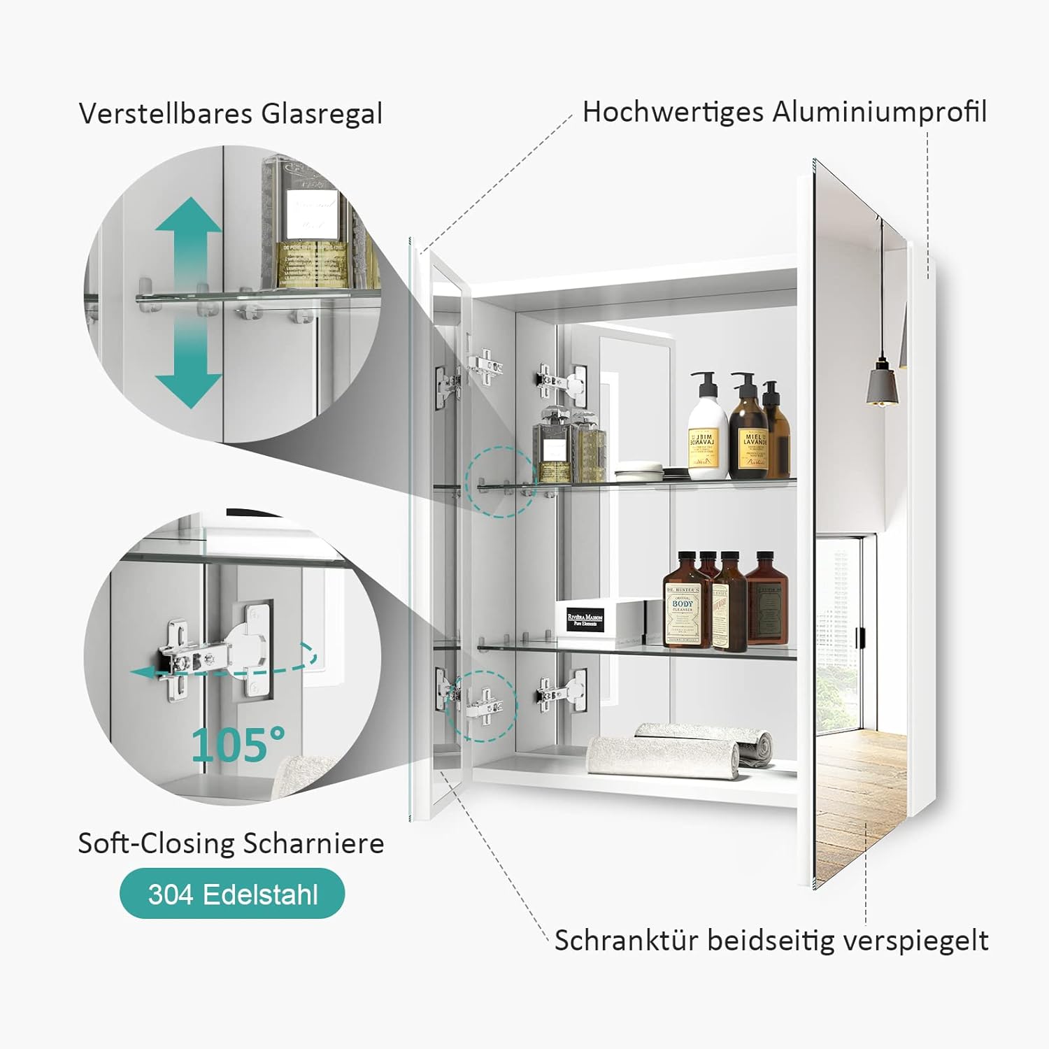 EMKE Spiegelschränke 60x65cm Spiegelschrank Badschrank mit Doppelseitiger Spiegel (Weiß)