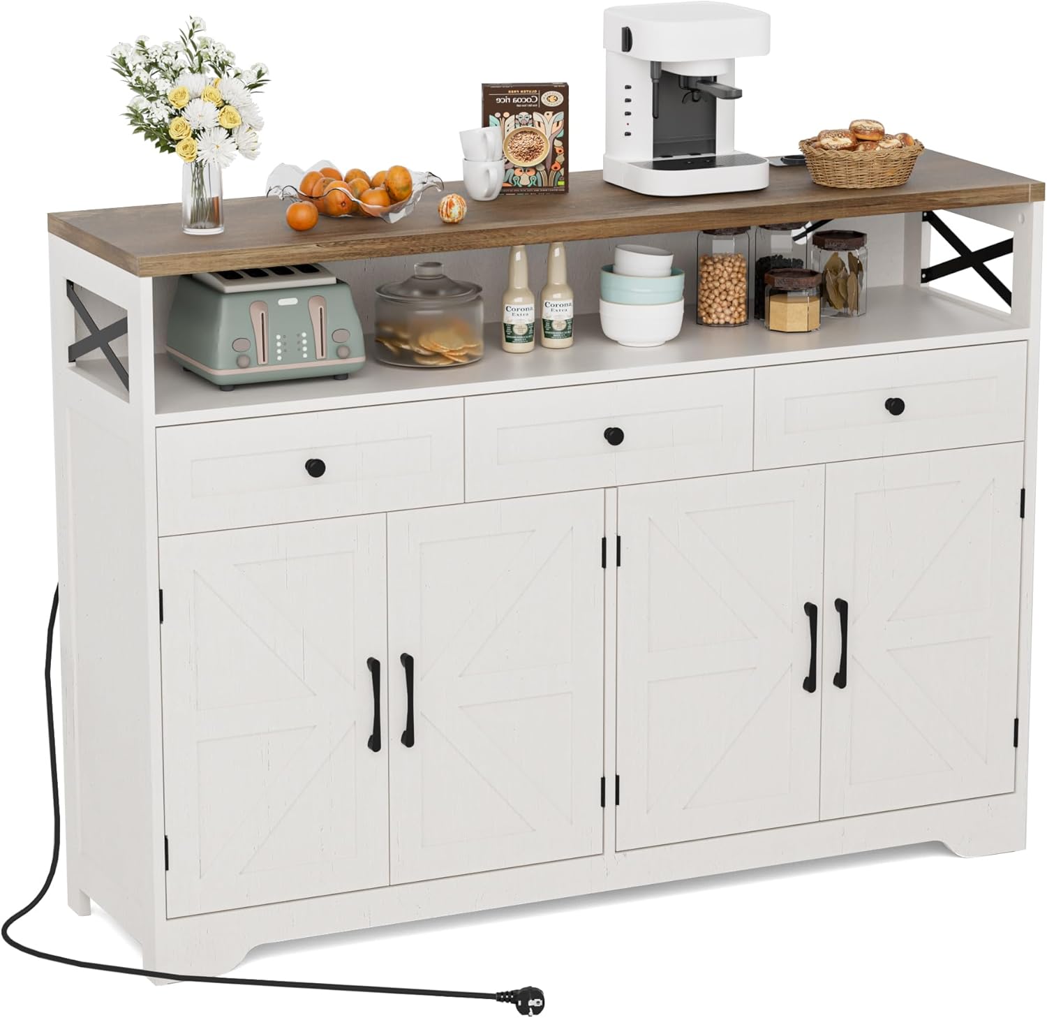 Sideboard, Küchenschrank mit Schubladen, Aufbewahrungsschrank, Anrichte mit Offenem Regal, Kaffeebar Schrank für Küche, Esszimmer, Wohnzimmer, 130 x 35 x 95cm, Cremeweiß in Holzoptik