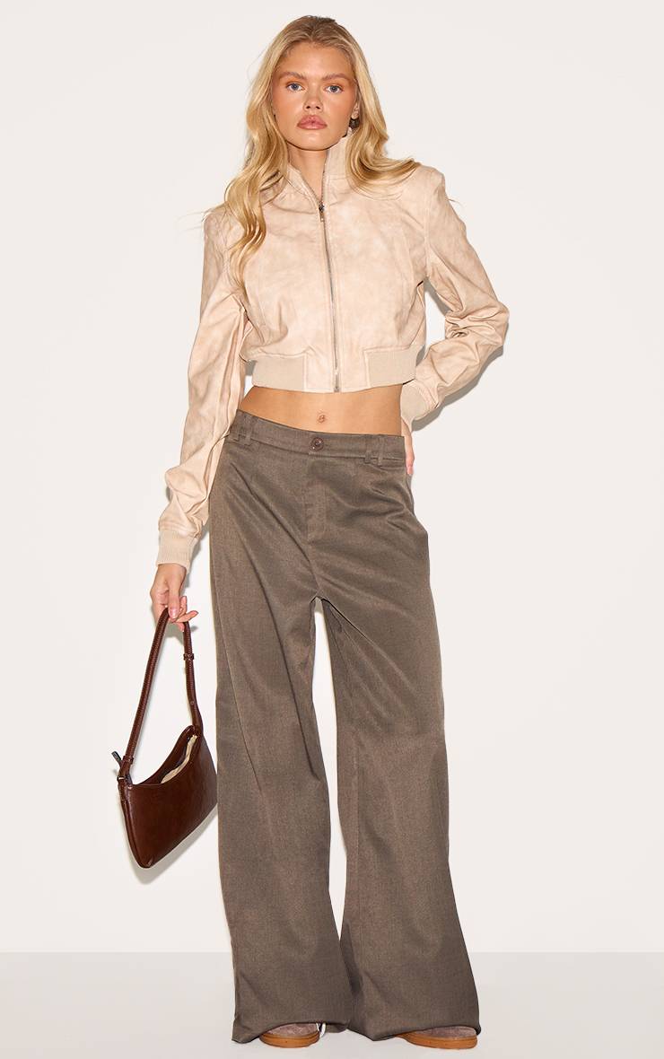 Gris Pierre Blouson Aviateur Court Synthétique Vieilli Col Montant Avec Épaulettes