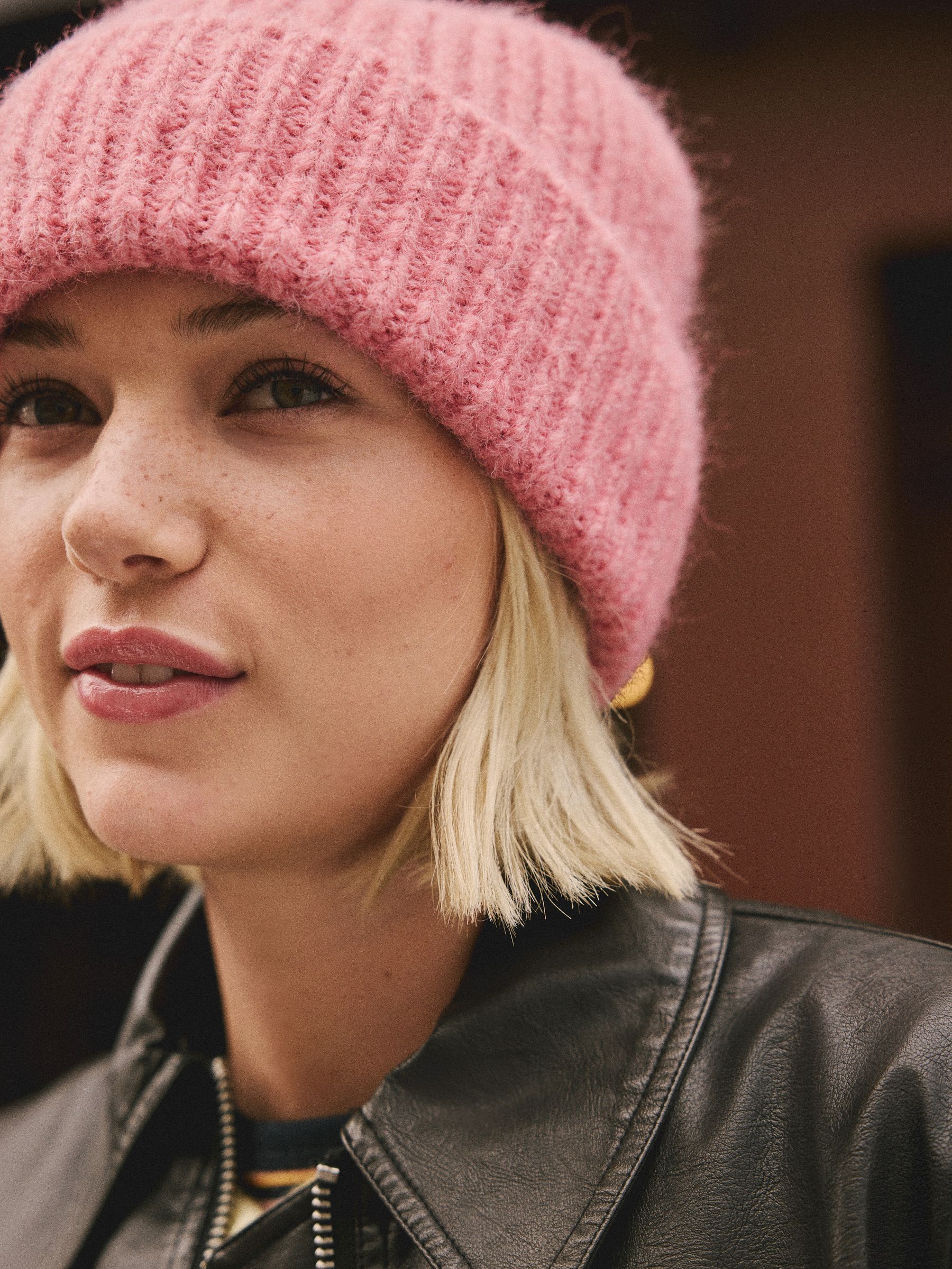 Framboosroze - Geribbelde beanie-muts met wol
