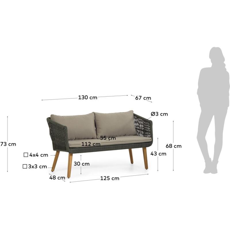 Ensemble d'extérieur Inti - d’un canapé 2 places et 2 fauteuils - tissu - structure en aluminium - pieds en bois d'acacia verte