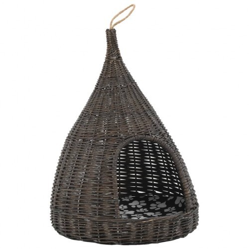 Casinha de gato cinza em formato de tipi com almofada.