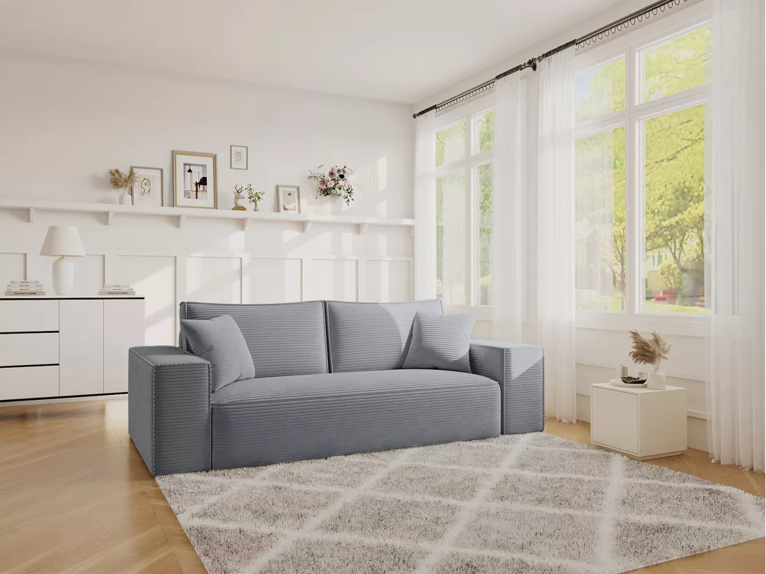 Canapé 3 places convertible express en velours côtelé gris clair - Couchage 140 cm - Matelas 13 cm AMELIA II