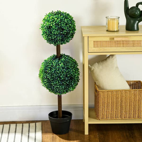 Kunstige planter, sett med 2 buksbom, 90 cm kunstig plante med dobbel kule, UV-bestandig stueplante, kunstig tre, plantedekorasjon for innendørs, uten