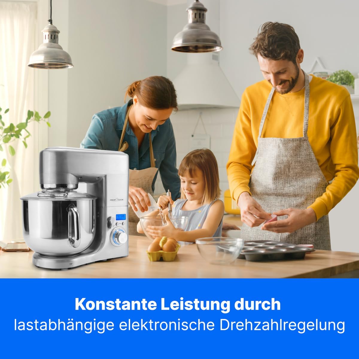 ProfiCook® Küchenmaschine mit XXXL-Edelstahlschüssel | Rühgerät 10L mit 1500W Motor | Knetmaschine inkl. Haken & Schneebesen | Teigknetmaschine Spritzschutz mit Nachfüllöffnung | PC-KM 1096