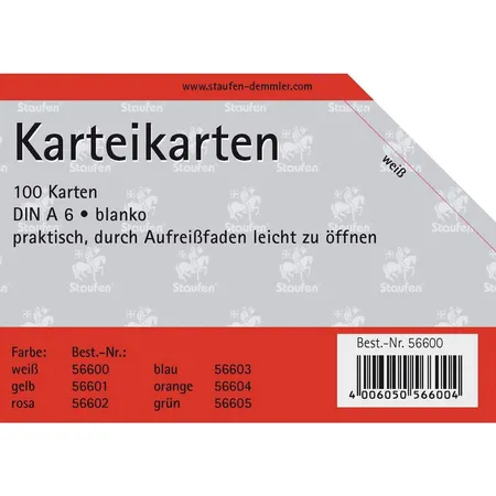 Staufen Karteikarten A6, blanko, weiß, 100 Stück