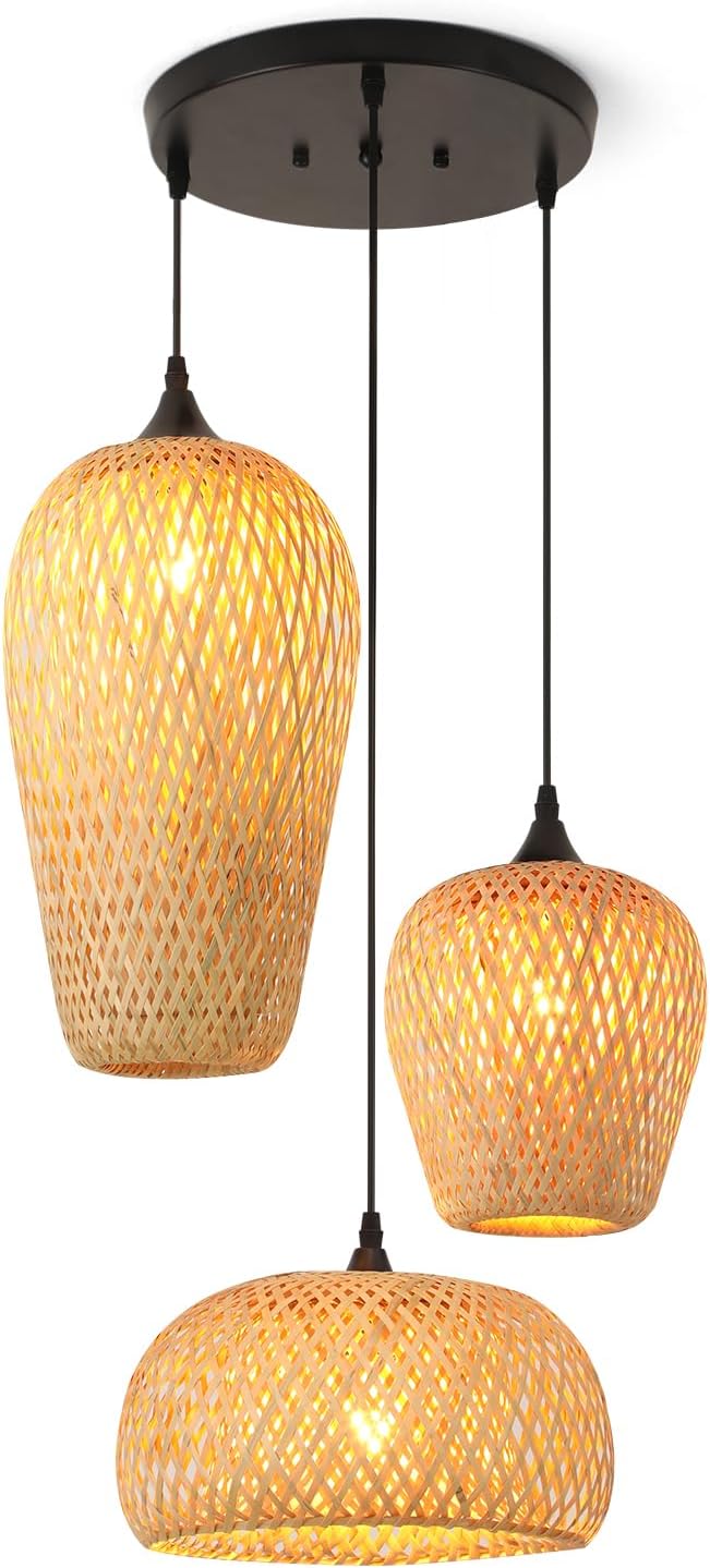 Lampenschirm HäNgelampe Bambus 3-Flammig,Boho Pendelleuchte Esstisch Handgewebt Laterne Vintage Lampe E27 Wohnzimmerlampe For KüChe Schlafzimmer