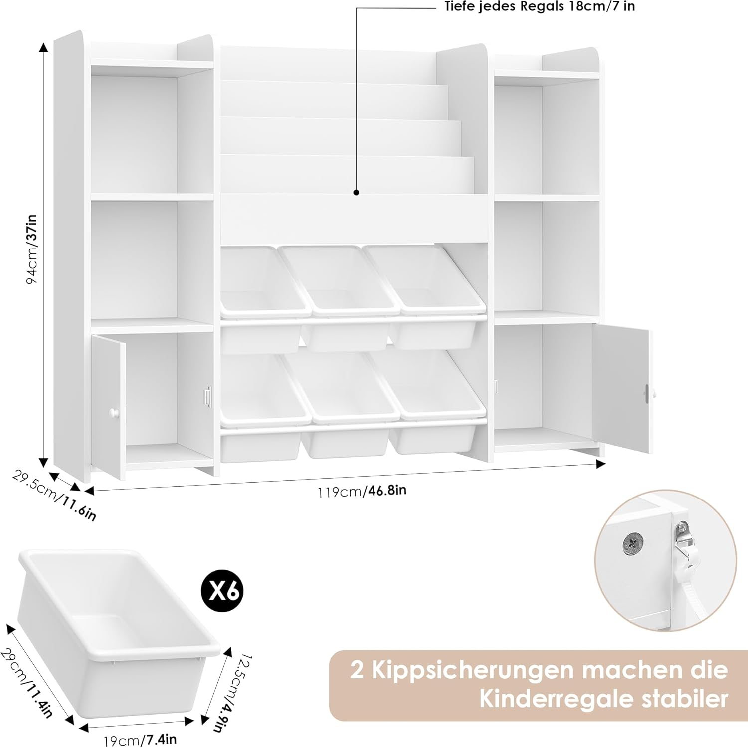 FOREHILL Kinderregal mit Kinderbücherregal Kinderzimmer Möbel aus Holz Bücherregal für Kinder mit Aufbewahrungsbox Kinderschrank mit Spielzeugkiste Kinderregal mit 6 Boxen 119 x 29,5 x 94 cm weiß
