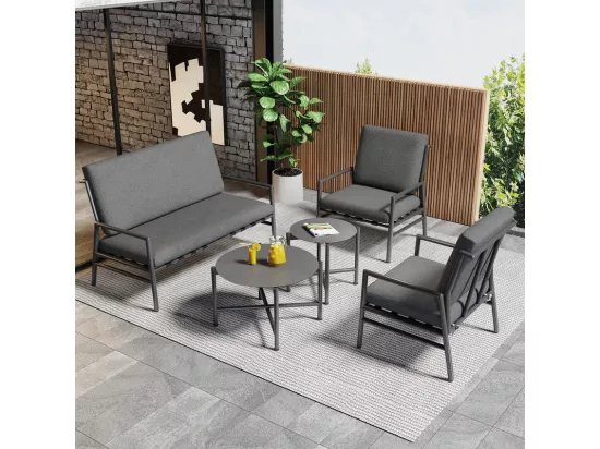 Salon de Jardin en Acier galvanisé noir - 4 places - canapé，2 fauteuils et 2 tables basses - Gris