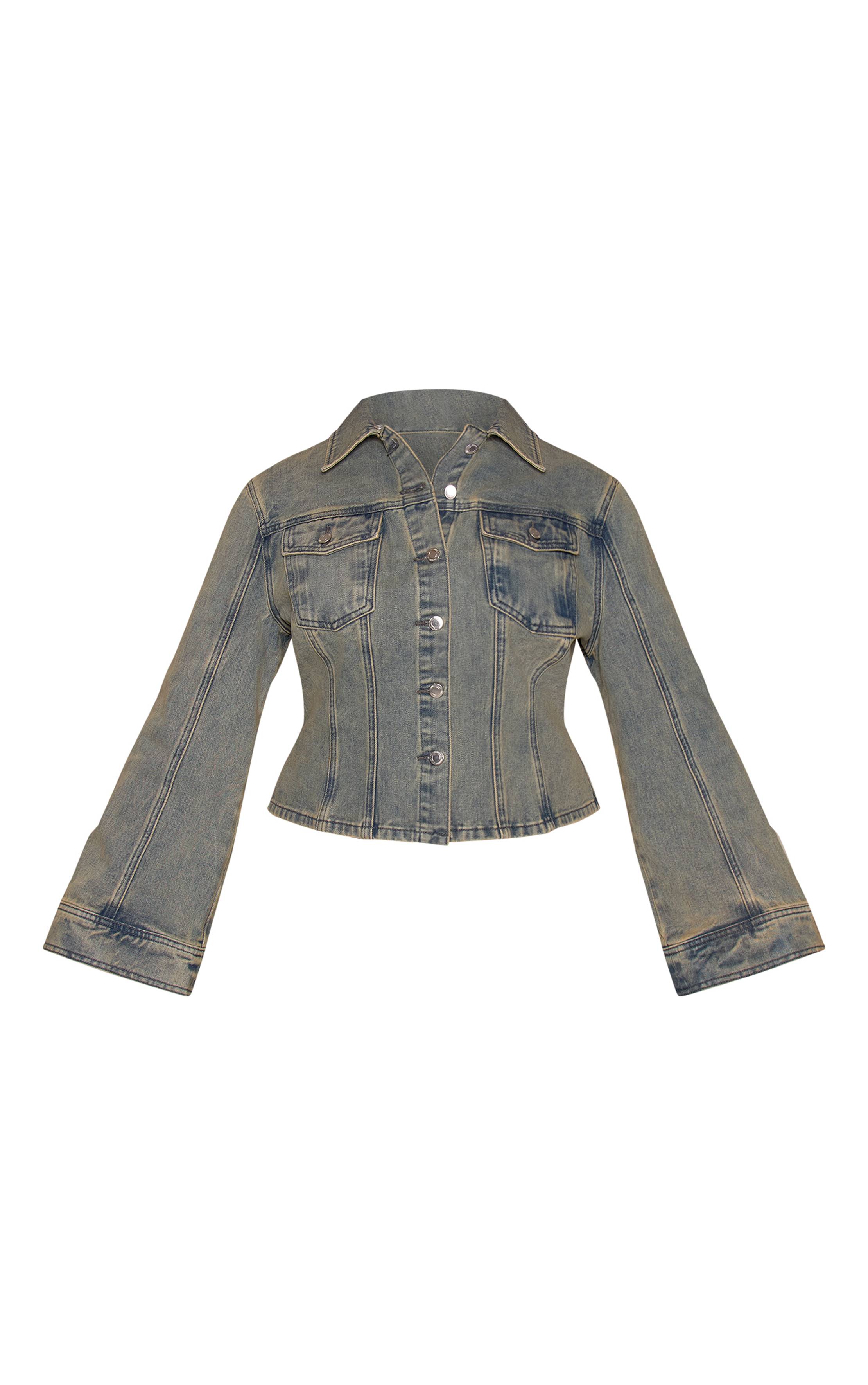 Délavage Vintage Chemise En Denim Grande Taille À Manches Évasées Et Taille Cintrée Bleue