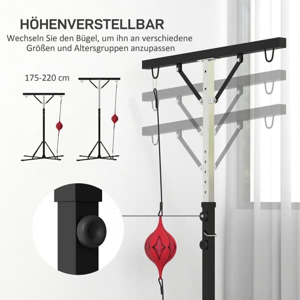 Bokseposestativ, høydejusterbart, frittstående bokseposeholder med speedball, lastekapasitet opptil 60 kg, stål, svart