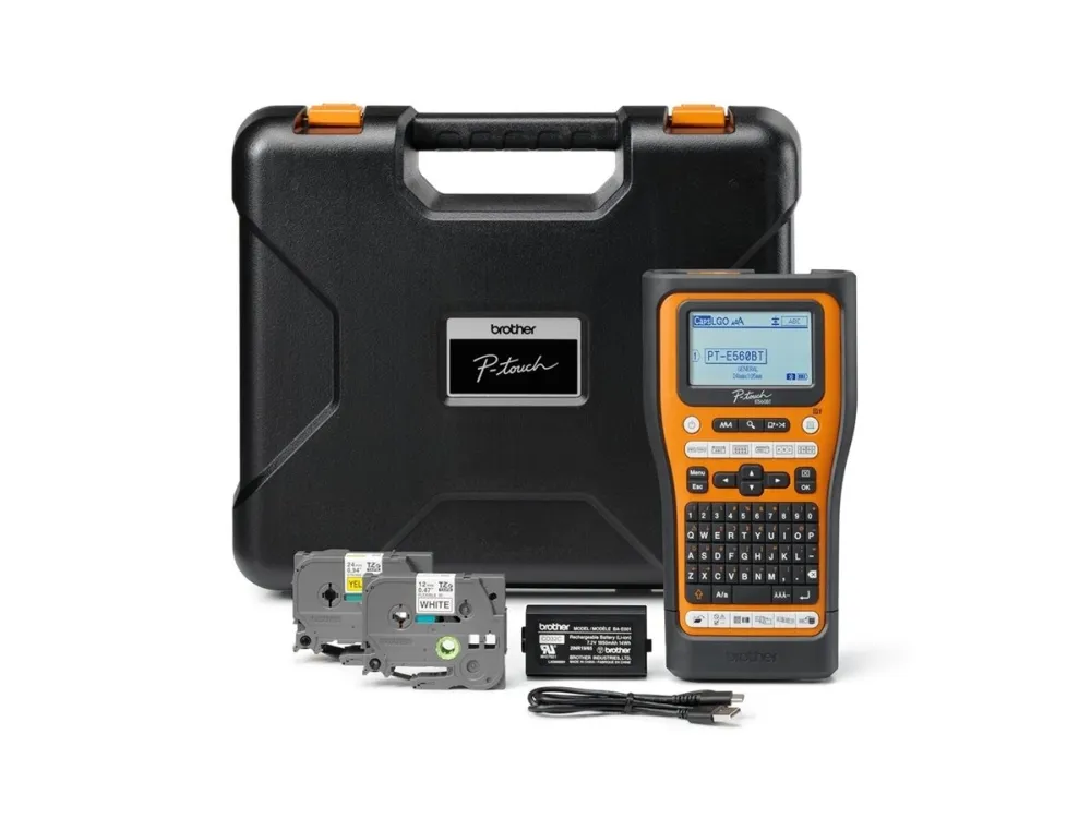 Brother P-Touch PT-E560BTVP - Etikettemaskine - S/H - termo transfer - Rulle (2,4 cm) - 180 dpi - op til 30 mm/sek. - USB 3.0, Bluetooth 5.0 - skærer - spejltryk, Full & Half Cut Function, printforhåndsvisning - sort og orange