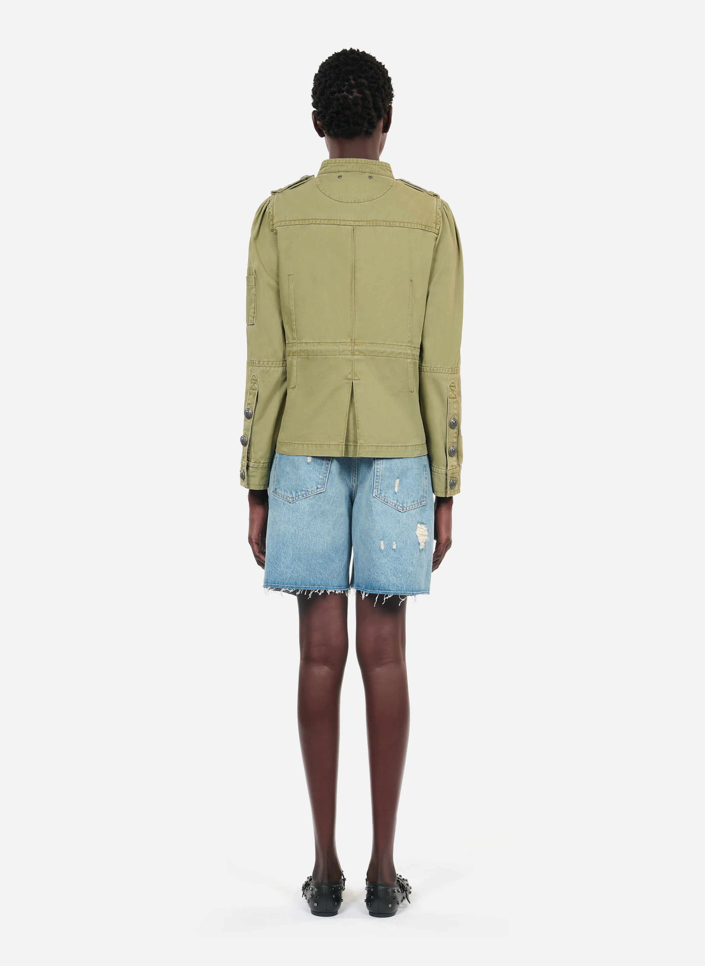 Blouson droit col officier en coton | Vert