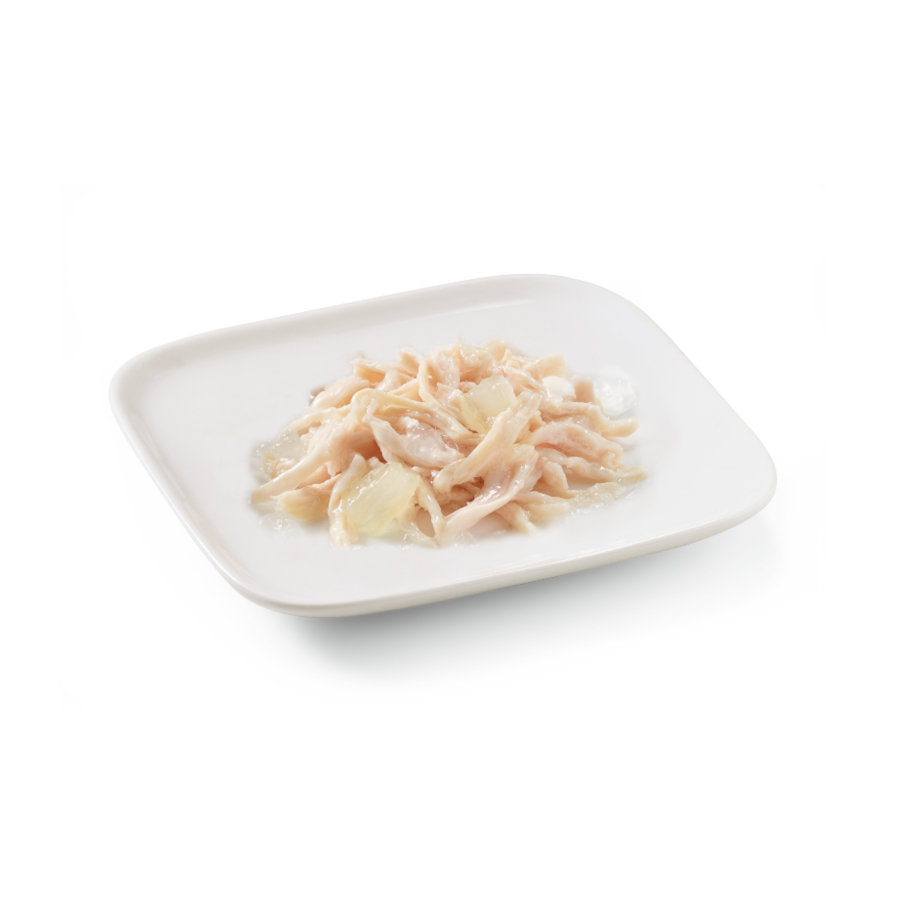 Lata de gelatina Schesir Adult de 150g com sabor de frango e aloe vera para cães.