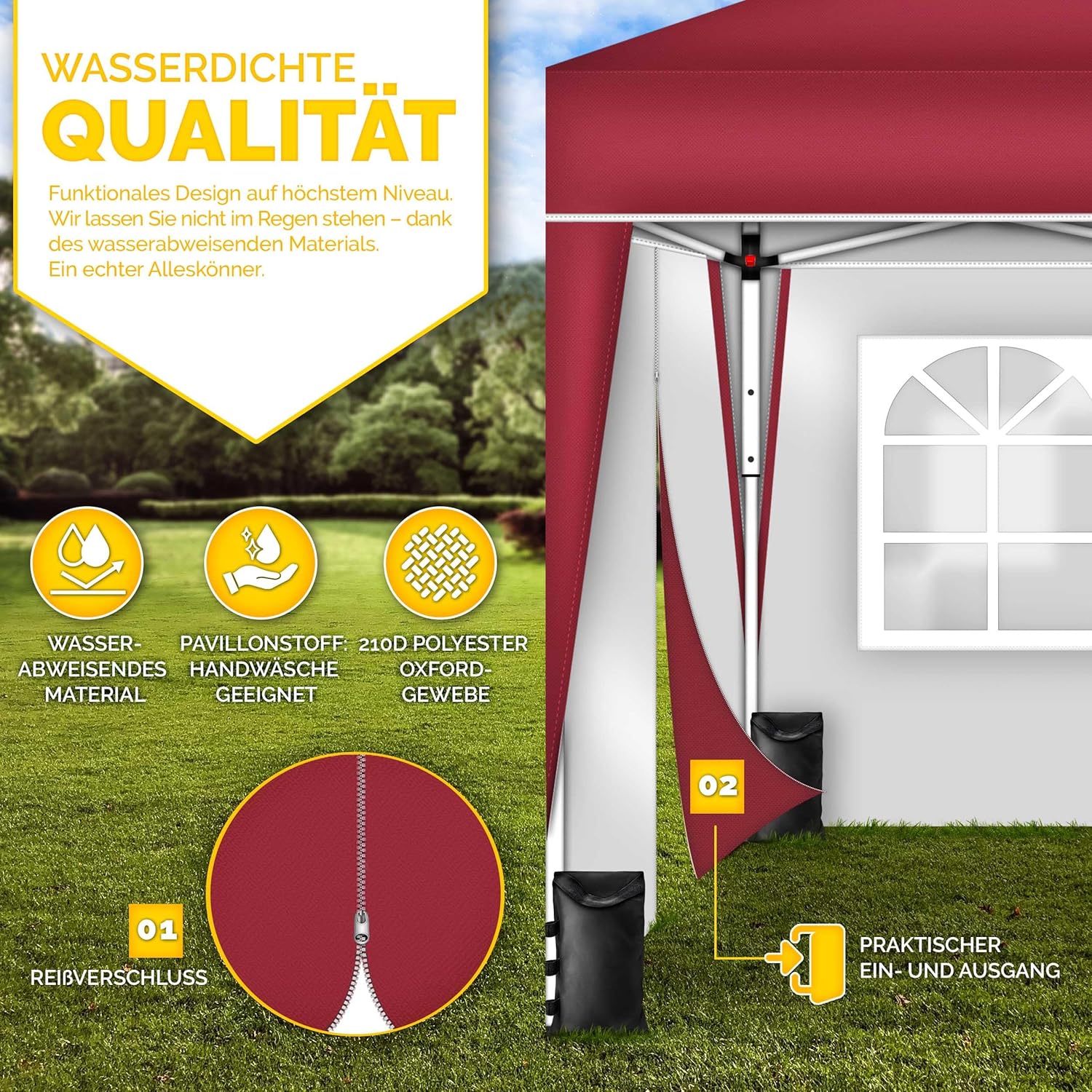 tillvex Pavillon 3x3m wasserdicht mit 4 Seitenteilen + 4er Set Sandsäcke | Pop-Up Faltpavillon stabil & höhenverstellbar | Gartenzelt UV Schutz 50+ | Partyzelt mit Tasche für Garten, Rot