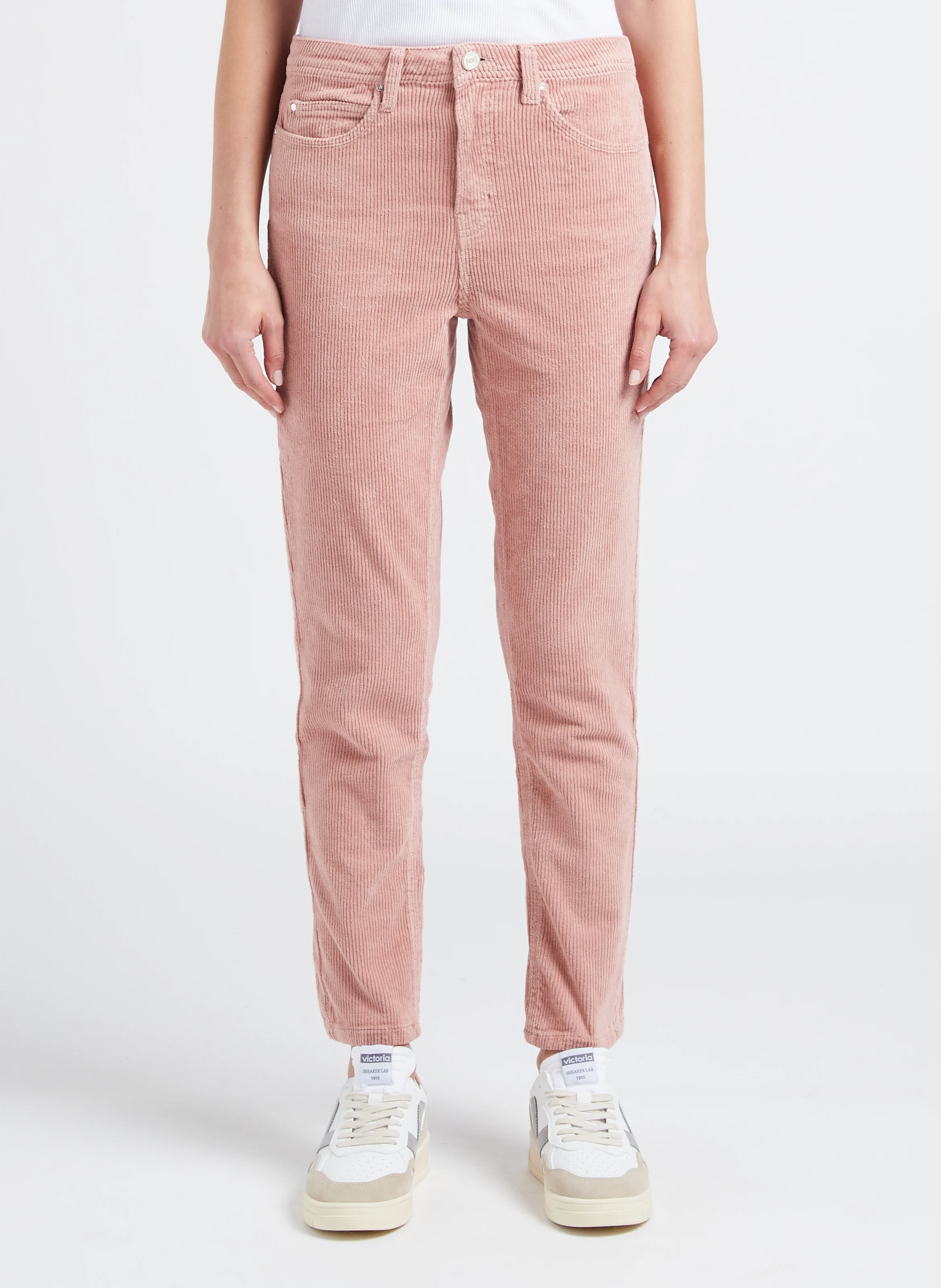 PAVLINA - Pantalon droit velours côtelé en coton stretch| Rose