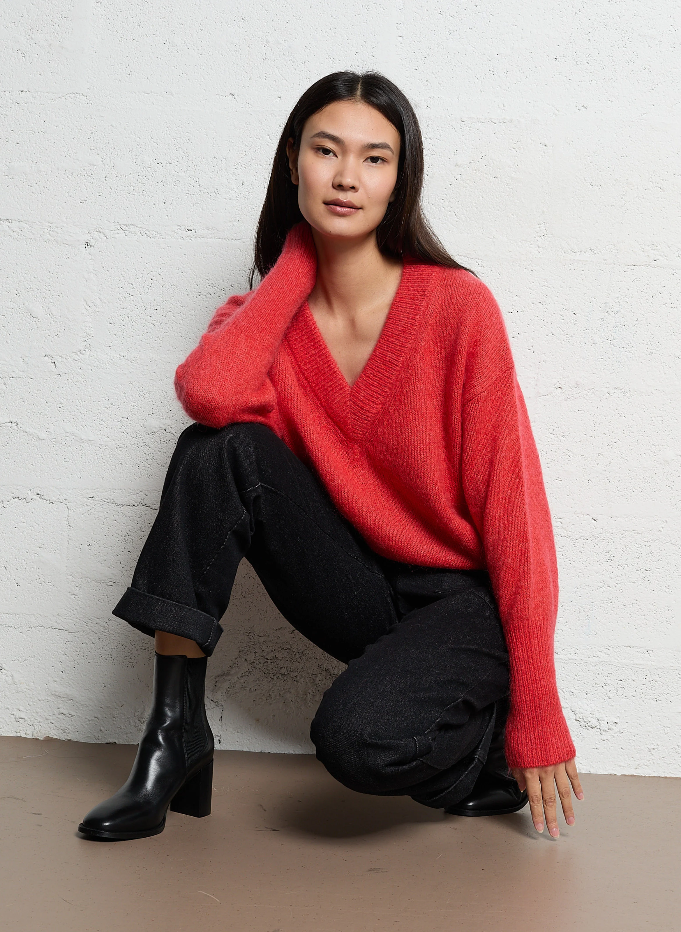 LORE - Pull ample col V en laine et soie | Rouge