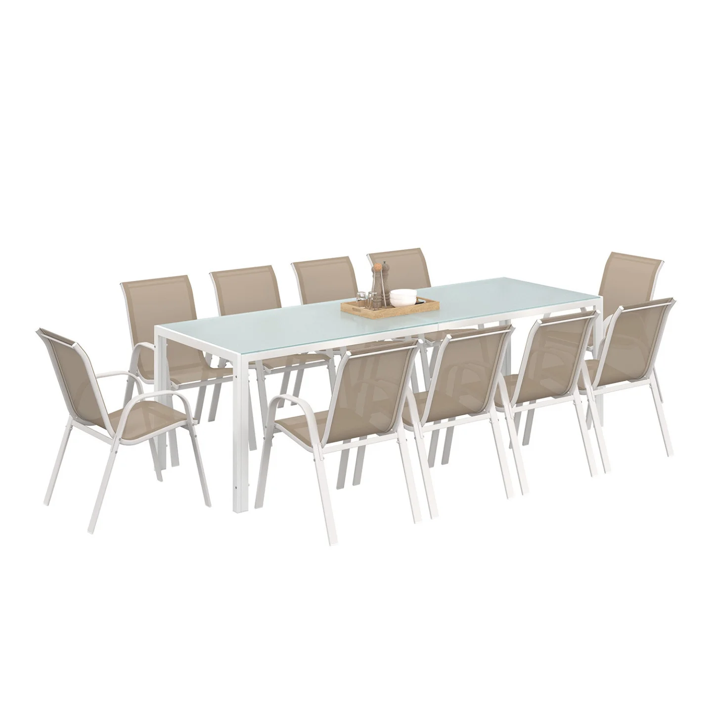 Salon de jardin MADRID table 240 CM et 10 chaises empilables blanc et beige