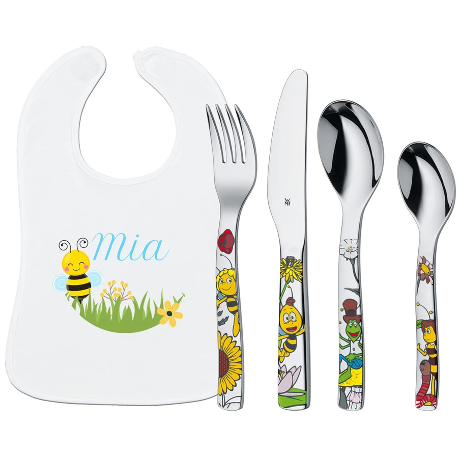Schnullireich Geschenkset mit Namen WMF Kinderbesteck Biene Maja + Lätzchen Kleine Biene Silber