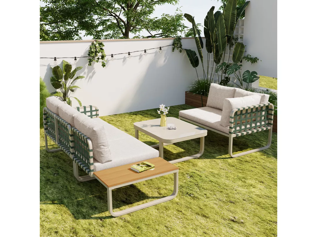 Salon de jardin modulable en fer et corde : 2 canapés 2 places + 1 canapé 1 place + 1 table basse - Abricot