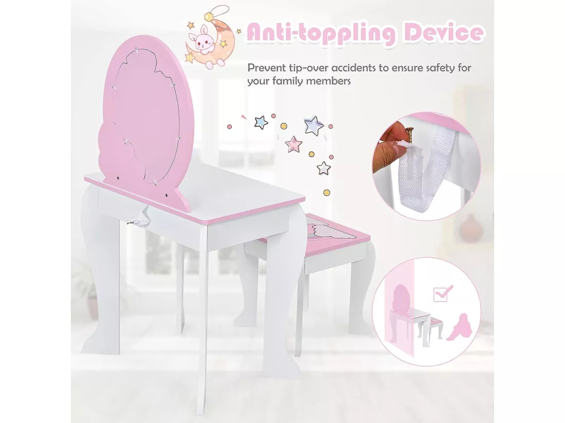 Coiffeuse pour enfant table de maquillage avec tabouret, 1 tiroir de rangement style princesse