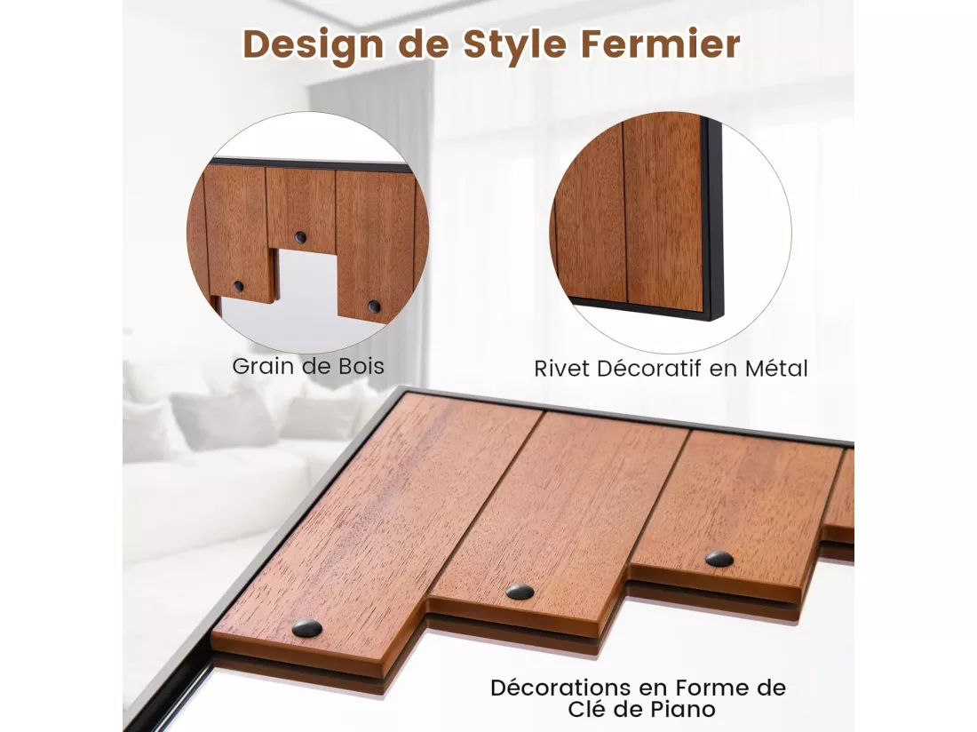 Miroir mural rustique 60 x 95 cm, miroir décoratif en forme de touches de piano, naturel