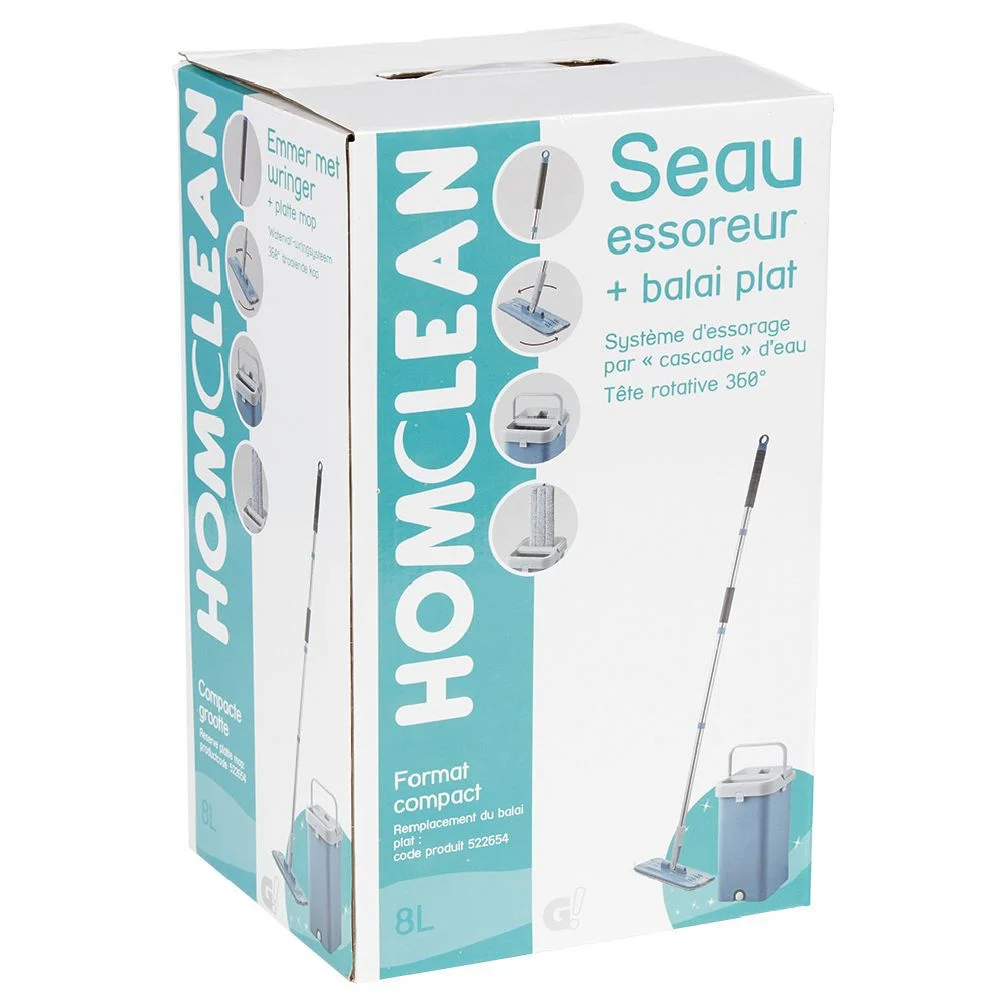 Seau essoreur avec balai plat pliable gris et bleu 8 L