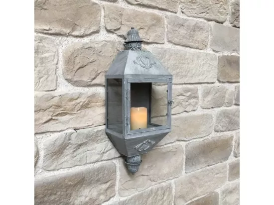 Lanterne extérieure jardin bougie murale ancienne métal gris 70cm