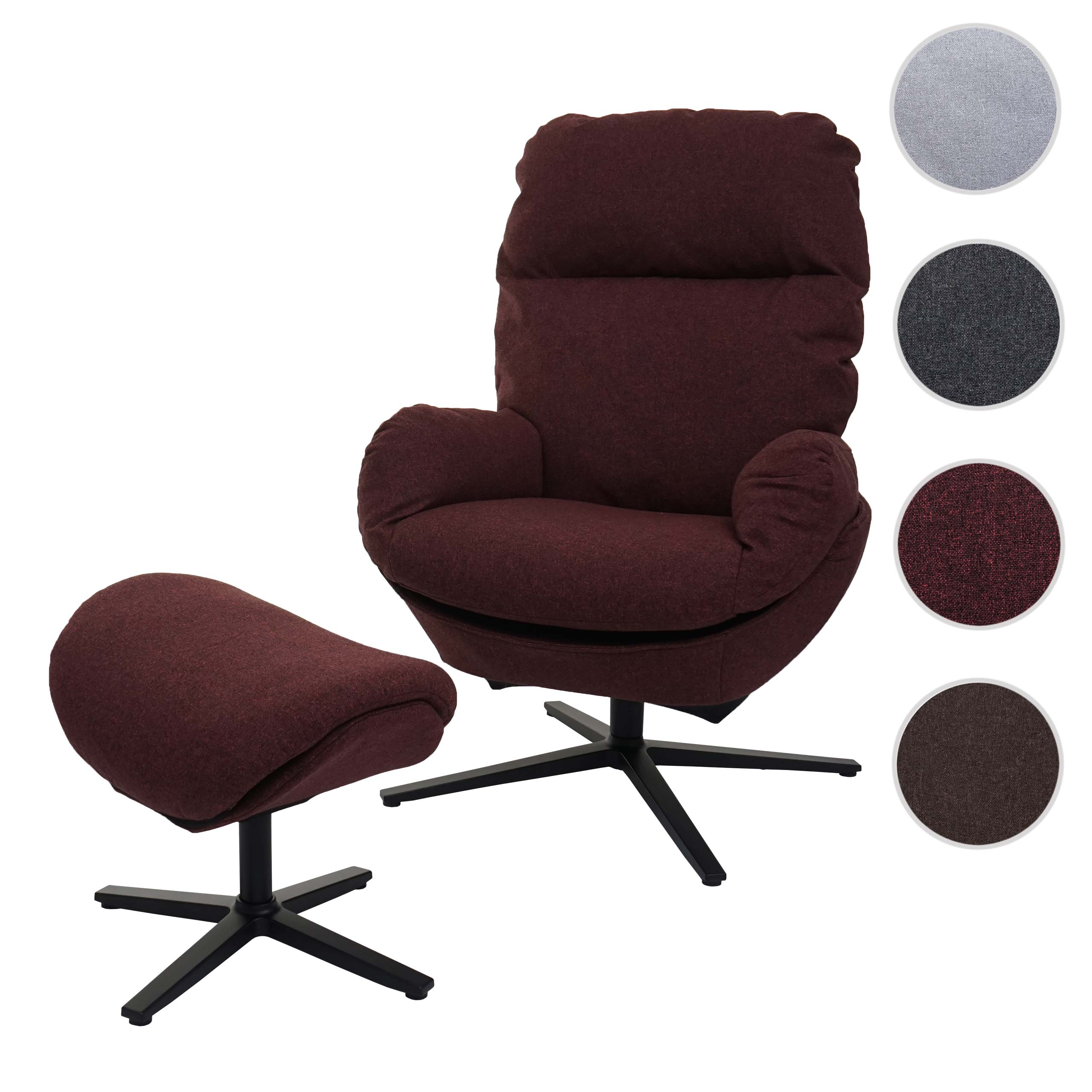 Relaxsessel + Hocker MCW-L12, Fernsehsessel Sessel Schaukelstuhl Wippfunktion, drehbar, Metall Stoff/Textil ~ bordeaux