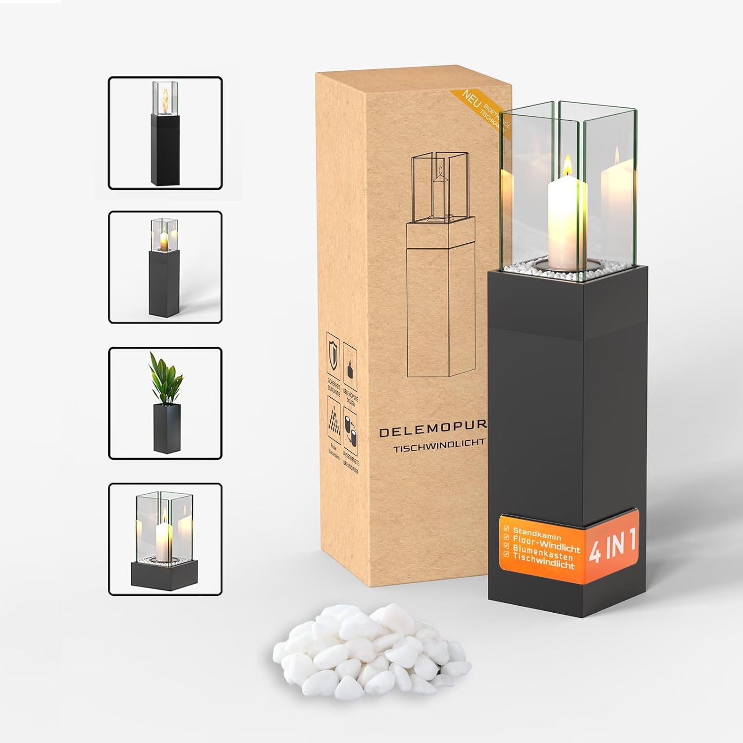 4-in-1 Windlicht Säule Hoch 89 cmTerressenfeuer fur Indoor und Outdoor,Deko Laterne mit Deko-Steine,Tischfeuer Windlicht StandKamin und pflanzkübel bodenvase groß All in One (Schwarz)