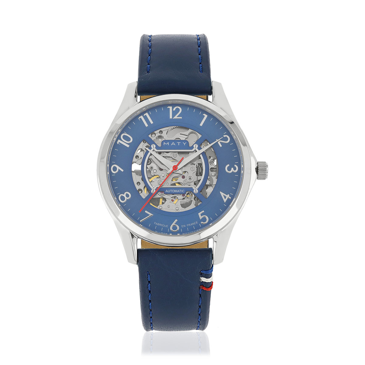 Montre homme squelette automatique acier bracelet cuir bleu