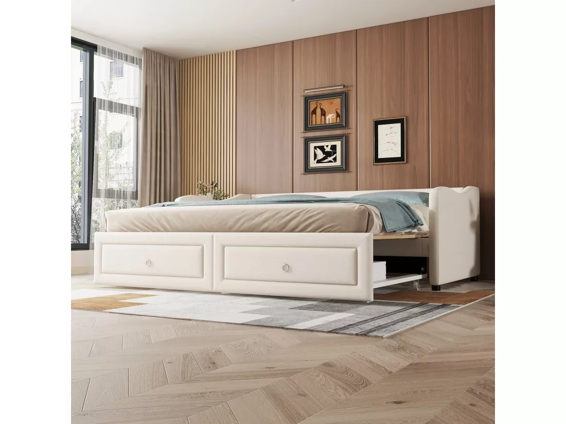 Lit gigogne 90/180 x 200 cm avec 2 tiroirs - tissu en lin - beige (sans matelas)