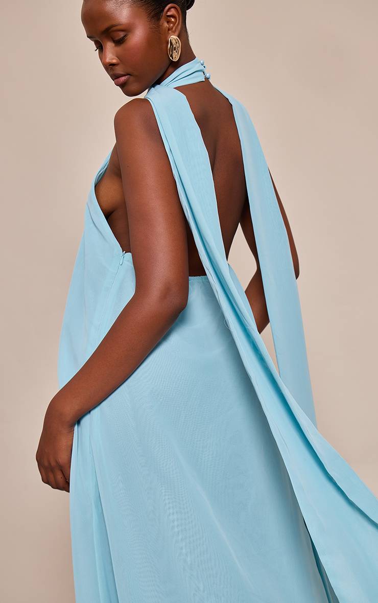 Bleu Poudré Robe Longue En Mousseline Col Montant Avec Détail Foulard