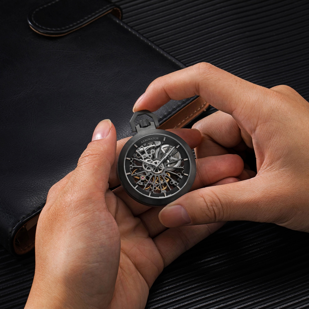Aerowatch Taschenuhr Lépine Mechanical Skeleton Schwarz Ø 48mm