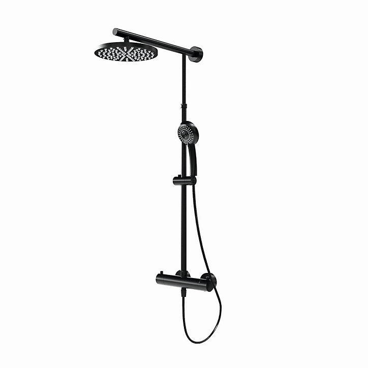 Colonne de douche thermostatique avec pommeau + douchette + flexible + barre réglable, coloris noir mat, Schulte Rain