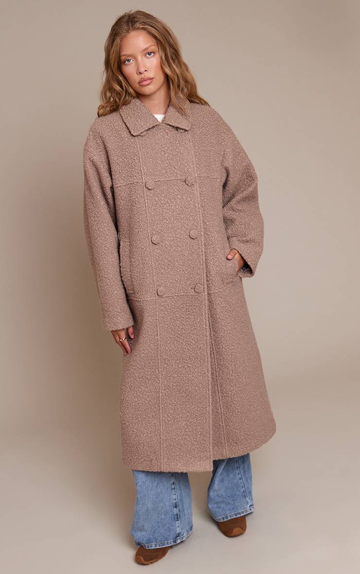 Taupe Manteau Maxi En Bouclé À Double Boutonnage