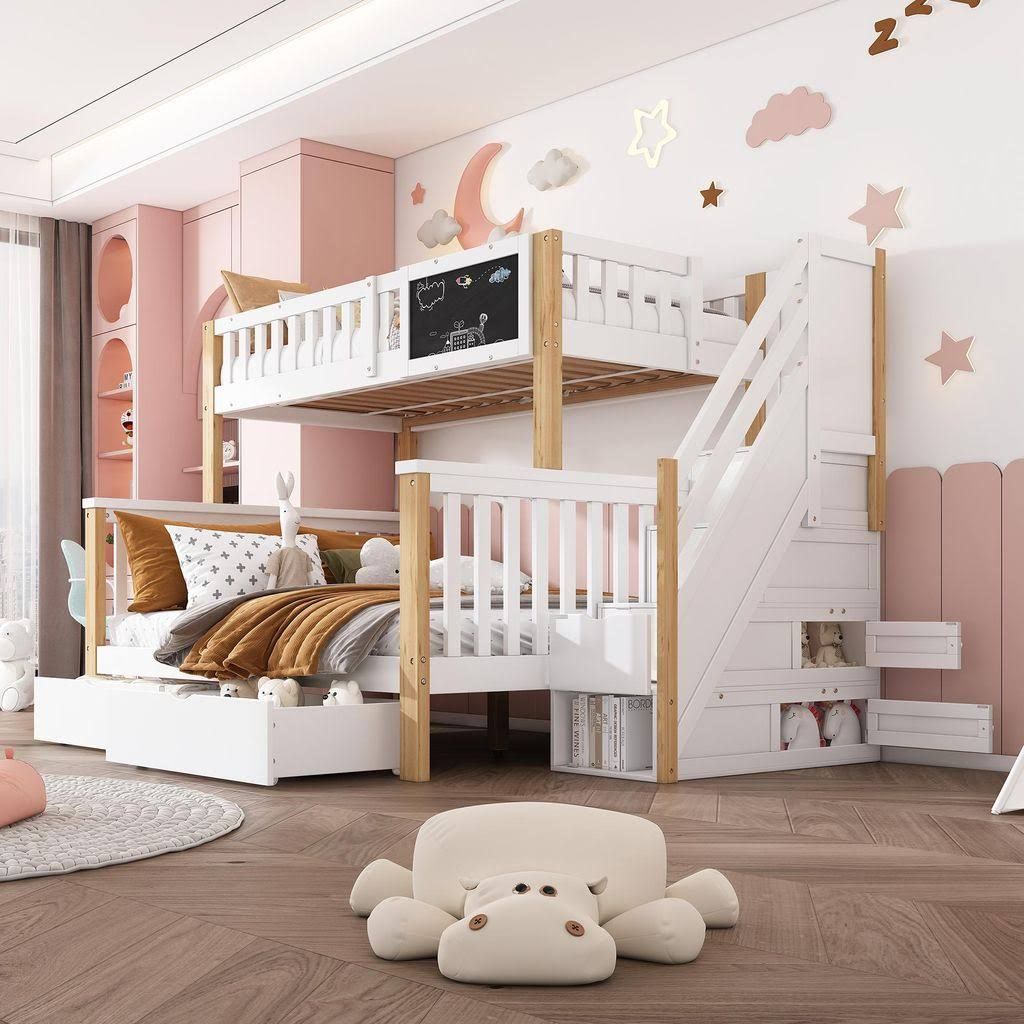 Flieks Etagenbett mit Rausfallschutz Hochbett mit Treppe Kinderbett mit Schubladen und Tafel