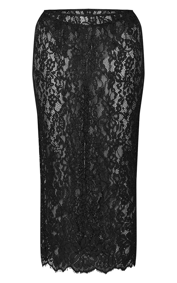 Noir Jupe Midi En Dentelle Transparente Taille Basse