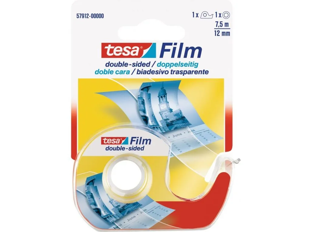 Dobbeltklæbende kontortape Tesafilm, 12 mm x 7,5 m, med dispenser