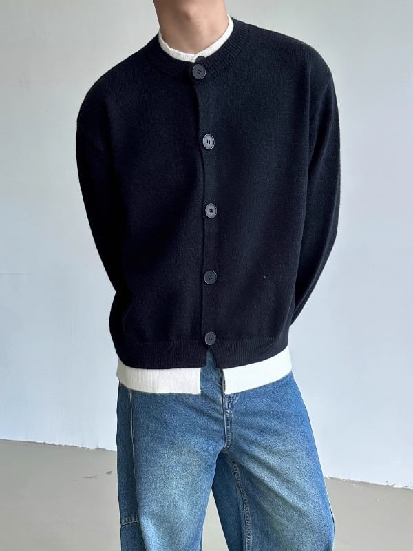 Nikoflin - Mock Two-Piece Crewneck Two Tone Button-Up Cardigan
