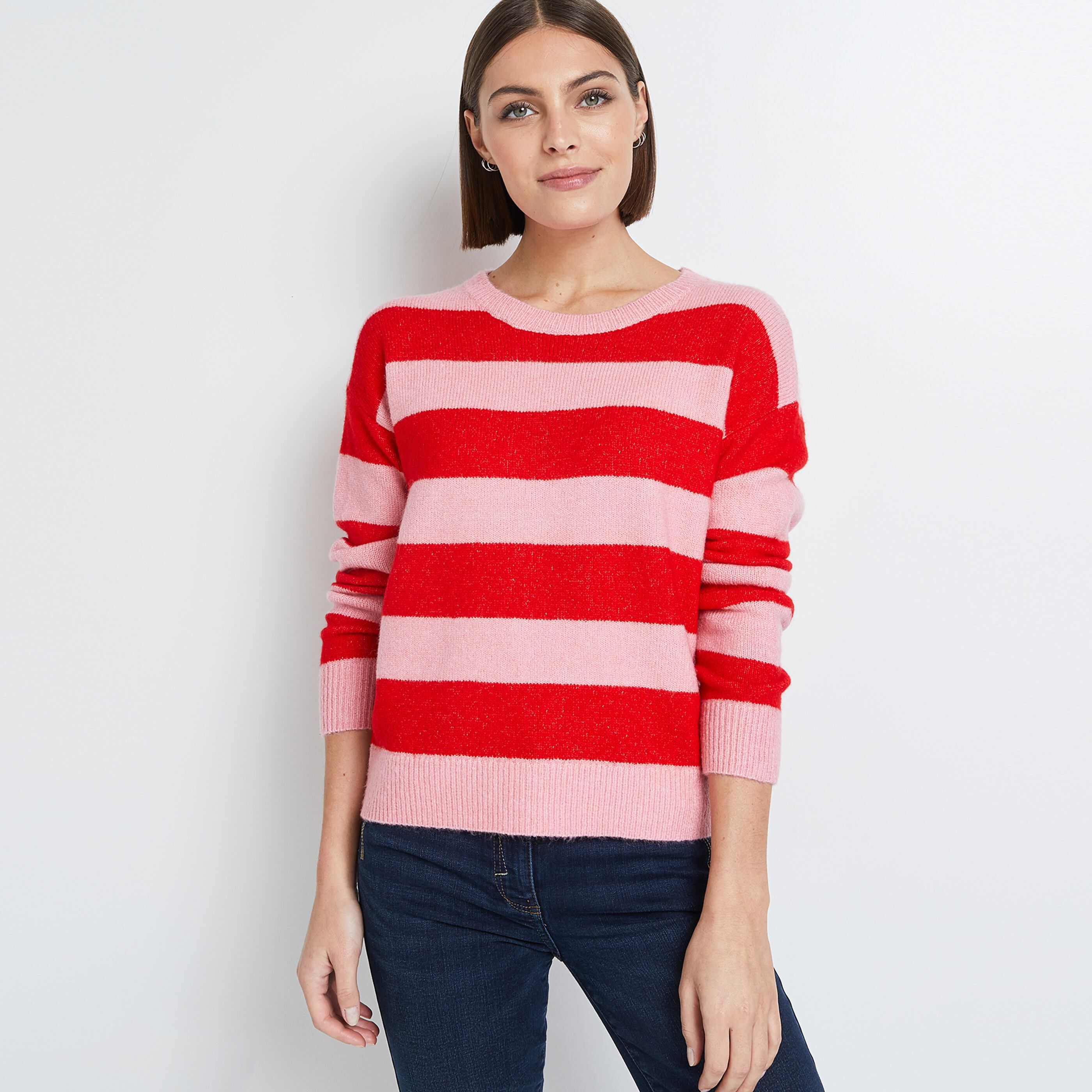 Pull Col rond à Rayures femme - ROUGE