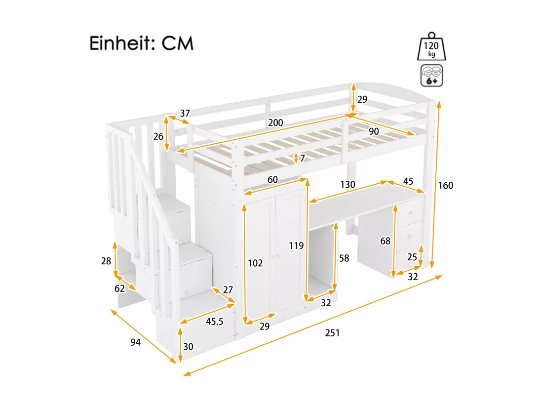 Lit mezzanine 90 x 200 cm avec armoire, bureau, tiroirs et penderie - bois de pin + MDF - blanc (sans matelas)