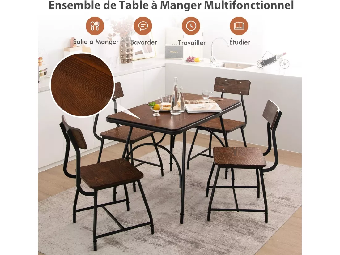 Ensemble de Table à Manger 5 Pièces, Table de Cuisine Rectangulaire et 4 Chaises pour 4 Personnes, avec Structure en Métal, pour Cuisine, Coin Repas, Restaurant, Marron (1 Table+4 Chaises)