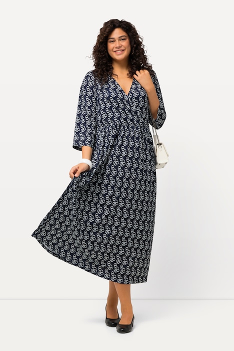 Jerseykleid, Wickeloptik, A-Linie, V-Ausschnitt, 3/4-Arm