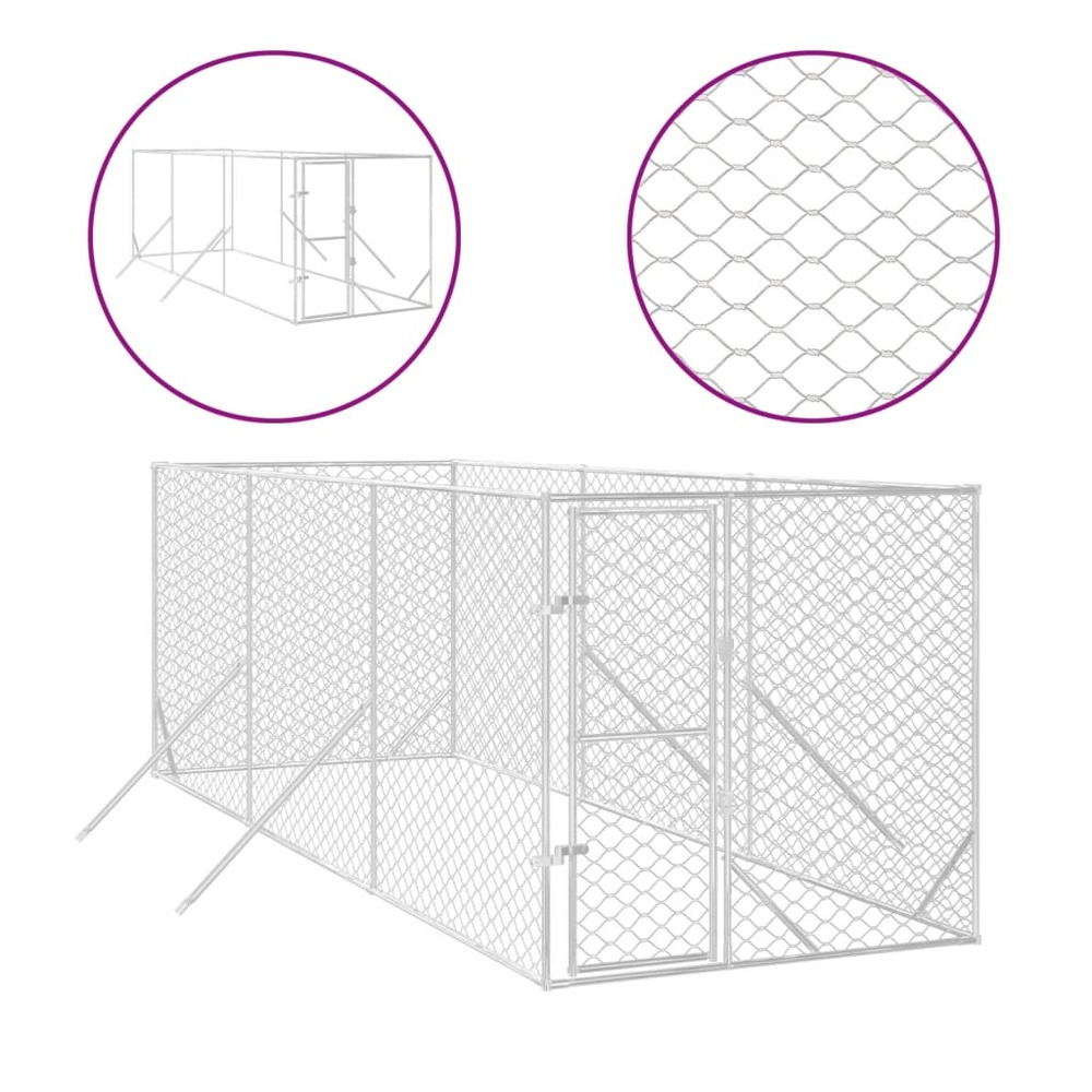 Chenil d'extérieur pour chiens argenté 2x6x2 m acier galvanisé