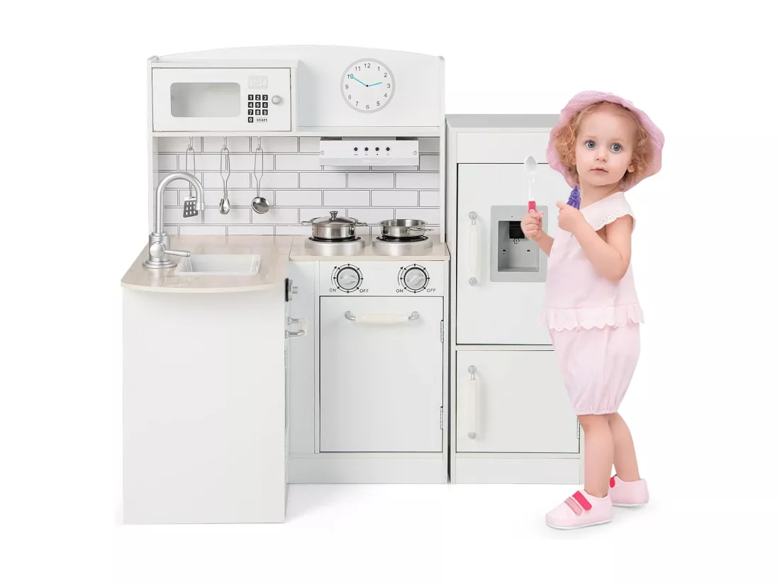 Cuisine d’Angle Enfants avec Réfrigérateur Séparé, Cuisinière de Jeu en Bois avec Distributeur d'eau, Evier, Hotte et Ustensiles, Jouet d’Imitation pour Tout-Petits de 3 Ans+