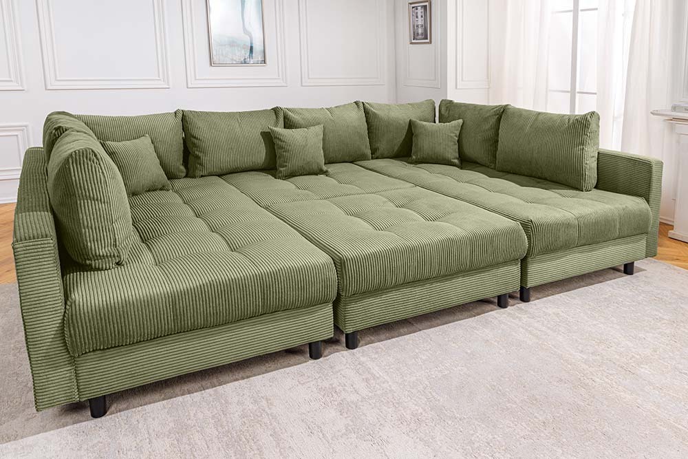 Moderne XXL Wohnlandschaft KENT 305cm grün Cord Bigsofa inkl. Hocker Federkern