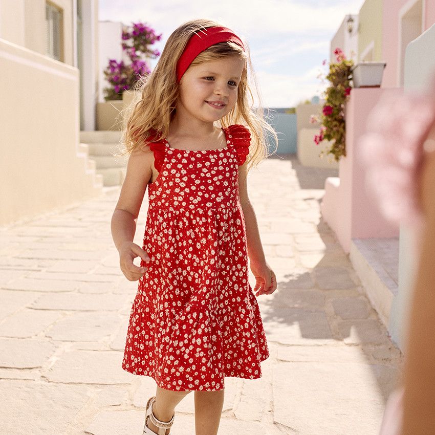 Robe manches courtes imprimée en maille cloquée pour bébé fille - Rouge