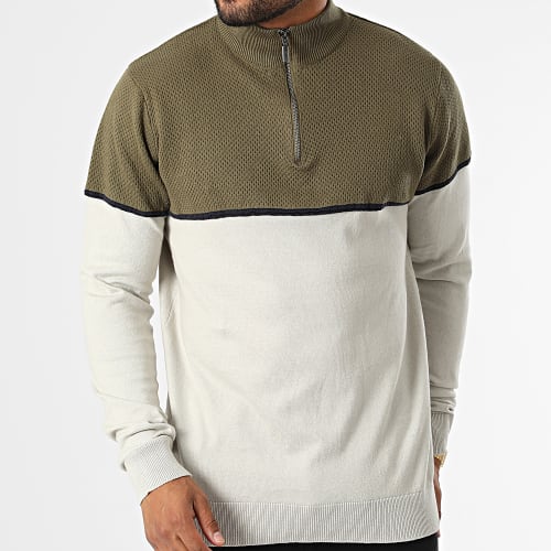 Sweat Col Zippé Samir Vert Kaki Beige