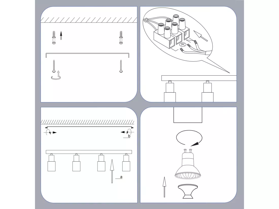 NETTLIFE Spot de plafond 4 ampoules lampe de cuisine GU10 355° plafonnier rotatif spot moderne